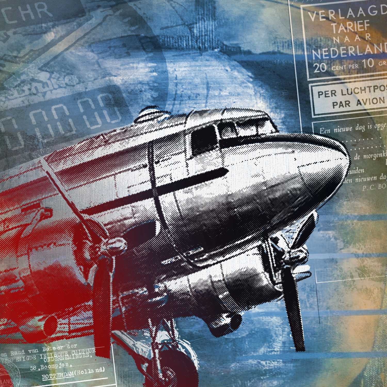 Peter Sander, Flugzeug DC3 (Flugzeug, Propeller, Luftfahrt, Nostalgie, Fotokunst, Popart,  modern, illustrativ, Wunschgröße, Treppenhaus, Wohnzimmer,)