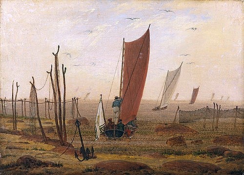 Caspar David Friedrich, Der Morgen (Ausfahrende Boote). Nach 1815 (Romantik,19. Jahrhundert,Lwd.,Hannover,Landesmuseum,1774-1840,Friedrich,Caspar David,Caspar David Friedrich,Morgen,Boote,Strand,Meer,Segel,Fischerboot,Fischernetz,Anker)