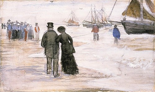 Vincent van Gogh, Der Strand bei Scheveningen. 1882 (Strand, Meer, Spaziergänger, Segelschiffe, Gouache, Zeichnung, Klassische Moderne, Impressionismus, Wohnzimmer, Treppenhaus, Wunschgröße, bunt)