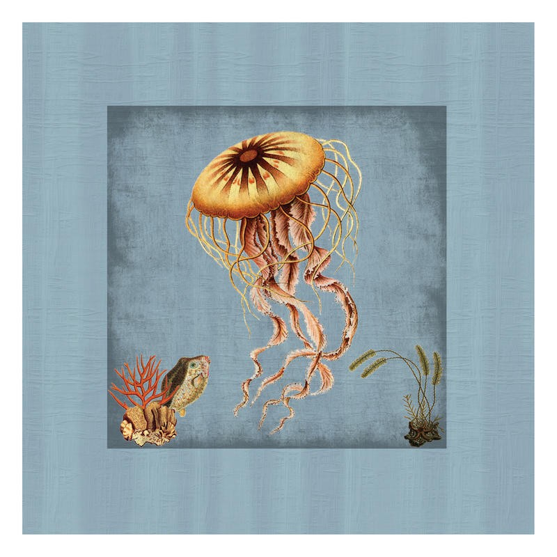 Sheldon Lewis, JELLYFISH WITH BORDER I (Fisch, Kugelfisch, Qualle, Tentakeln, maritim, Meerestiere, Grafik, Badezimmmer, Treppenhaus, Wunschgröße, bunt)