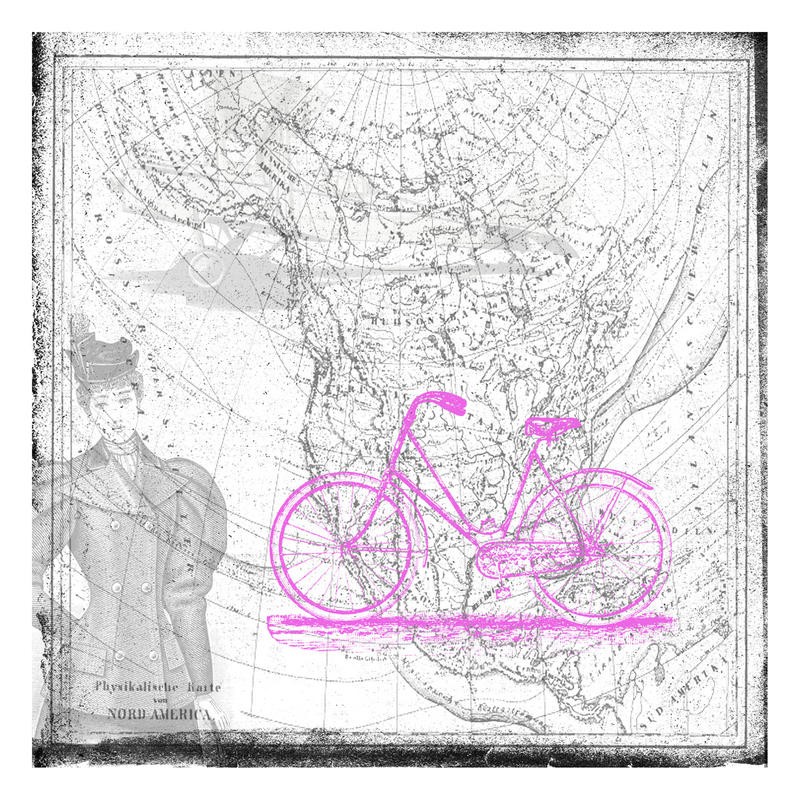 Sheldon Lewis, TRAVEL RETRO II (Fahrrad, Fortbewegung, Reisen, Landkarte, Nordamerika, Nostalgie, Retro, Grafik, Retro, Treppenhaus, Wohnzimmer, Wunschgröße, pink/grau)