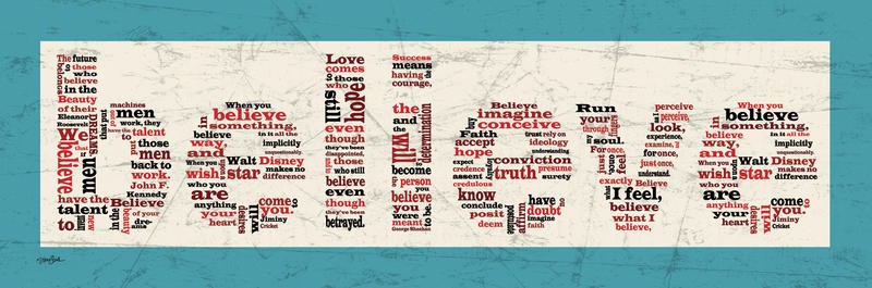 Diane Stimson, BELIEVE II (Glauben, Buchstaben, Zeitungspapier, Motivation, Inspiration, Typografie, Grafik, Wunschgröße, Treppenhaus, Jugendzimmer, bunt)