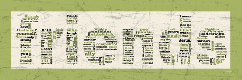 Diane Stimson, FRIENDS III (Freunde, Buchstaben, Zeitungspapier, Motivation, Inspiration, Typografie, Grafik, Wunschgröße, Treppenhaus, Jugendzimmer, bunt)