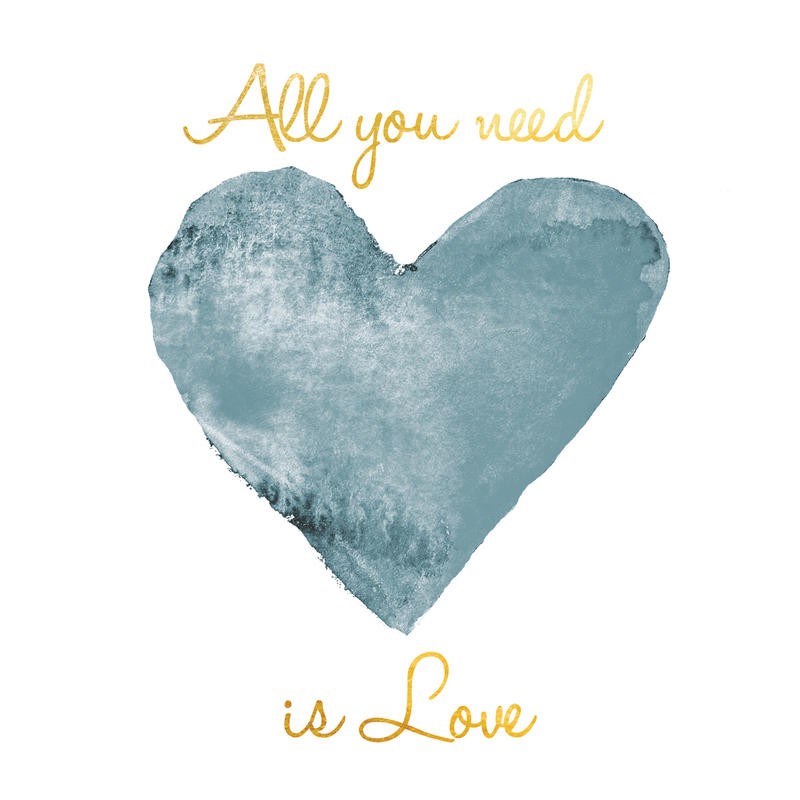 Victoria Brown, ALL YOU NEED BLUE (Inspiration, Motivation, Liebe, positiv, Herz, Treppenhaus, Jugendzimmer, Wohnzimmer, Wunschgröße, Grafik, blau/weiß)