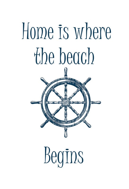 Sheldon Lewis, THE BEACH BEGINS II (Steuerrad, Schiffssteuer, Strand, Inspiration, relax, Typografie,  maritim, Grafik, Badezimmmer, Treppenhaus, Wunschgröße, blau/weiß)