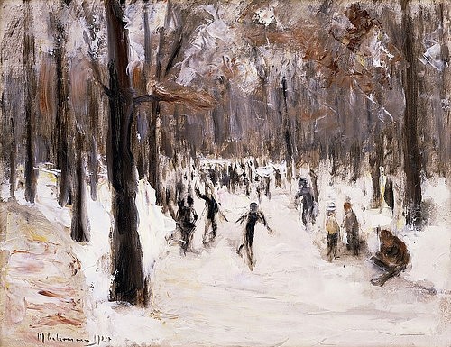 Max Liebermann, Eisläufer im Berliner Tiergarten. 1924 (Liebermann,Max,1847-1935,Christie's Images Ltd,Öl auf Holz,Impressionismus,Max Liebermann,Berlin,Tiergarten,Park,Freizeit,Winter,Wintersport,Spaß,kahl,kahle Bäume,kalt,Kälte,Eislaufen,Schlittschuh laufen,Schlittschuhläufer,Schnee,draußen)