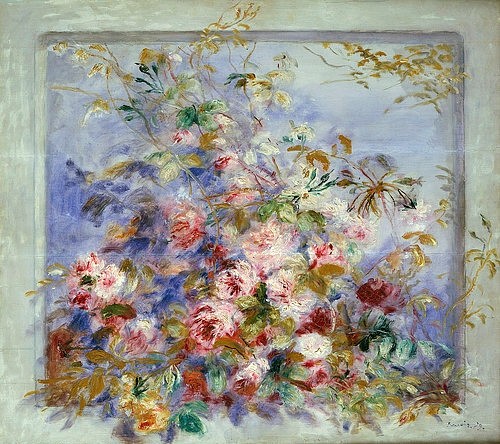 Pierre-Auguste Renoir, Rosen in einem Fenster. 1879 (Stillleben, Blumenbouquet, Strauß, Rosen, Blumen, floral, Fenster, Rahmen, Impressionismus, klassische Moderne, Wunschgröße, Treppenhaus, Wohnzimmer, Malerei)