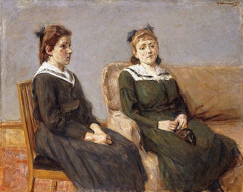 Max Liebermann, Die Zwei Schwestern Leder. 1911 (Liebermann,Max,1847-1935,Christie's Images Ltd,Öl auf Leinwand,Portrait,Impressionismus,Max Liebermann,Mädchen,zwei,Teenager,Backfisch,Backfische,Kragen,brav,Schwestern,Schwester,sitzen,Seite an Seite,nebeneinander,Stuhl,gut erzogen,bürgerlich,Geschwister)