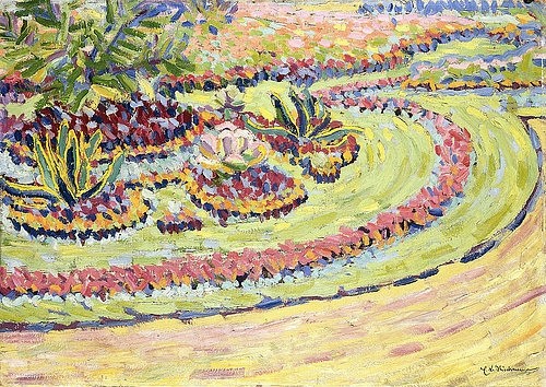 Ernst Ludwig Kirchner, Blumenbeete. 1906 (Kirchner,Ernst Ludwig,1880-1938,Christie's Images Ltd,Öl/Karton,20. Jahrhundert,Ernst Ludwig Kirchner,Blumenbeet,Blumen,Blumenbeete,rund,Rondel,Rabatte,Blumenrabatte,Garten,Park,grün,Gartenweg,angelegt,Bepflanzung)
