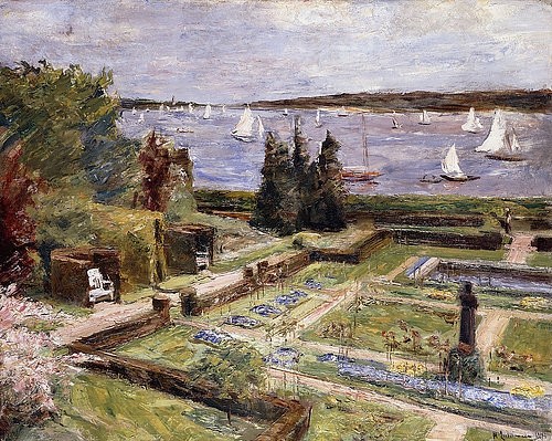 Max Liebermann, Wannseegarten der Familie Arnhold. 1911 (Liebermann,Max,1847-1935,Christie's Images Ltd,Öl auf Leinwand,20. Jahrhundert,Impressionismus,Max Liebermann,Arnhold,Garten,Gartenbank,Segelboote,Wannsee,erhöhter Betrachterstandpunkt,Vogelperspektive,erhöht,Blumenbeet,Blumenbeete,Hecke,Hecken,Gartenarch)