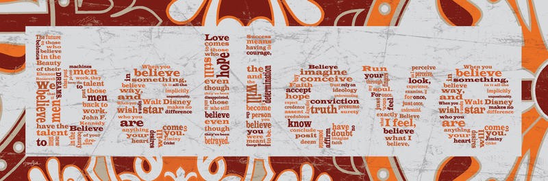 Diane Stimson, BELIEVE III (Glauben, Buchstaben, Zeitungspapier, Motivation, Inspiration, Typografie, Grafik, Wunschgröße, Treppenhaus, Jugendzimmer, bunt)