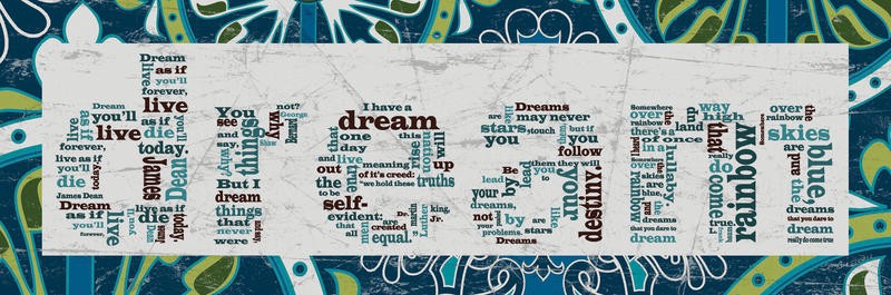 Diane Stimson, DREAM II (Träumen, Buchstaben, Zeitungspapier, Motivation, Inspiration, Typografie, Grafik, Wunschgröße, Treppenhaus, Jugendzimmer, bunt)