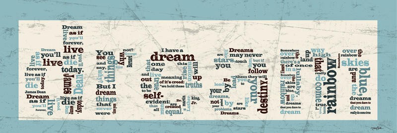 Diane Stimson, DREAM III (Träume, Buchstaben, Zeitungspapier, Motivation, Inspiration, Typografie, Grafik, Wunschgröße, Treppenhaus, Jugendzimmer, bunt)