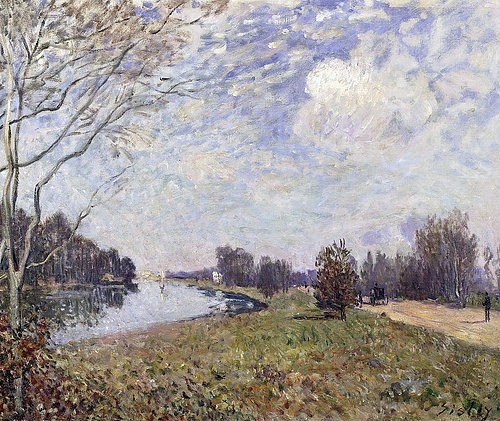 Alfred Sisley, Die Themse bei Hampton Court, East Molesey. 1874 (Landschaft, Landschaftsmalerei, Fluss, Themse, England, ländlich, Weg, Spaziergänger, Idylle, Wohnzimmer, Treppenhaus, Impressionismus, Klassische Moderne, Malerei, Wunschgröße, bunt)