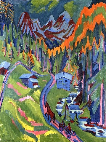 Ernst Ludwig Kirchner, Sertigweg im Sommer. 1923 (Kirchner,Ernst Ludwig,1880-1938,Christie's Images Ltd,Öl auf Leinwand,20. Jahrhundert,Expressionismus,Ernst Ludwig Kirchner,Sertigtal,Schweiz,farbenfroh,Berge,Tal,Hütten,Pferdefuhrwerk,Bergstraße,Bergdorf)