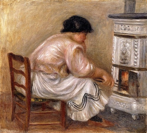 Pierre-Auguste Renoir, Frau an einem Kamin. 1912 (Interieur, Kaminzimmer, Kamin, Ofen, Wärme, warm, Feuer, Kachelofen, heizen, Impressionismus, klassische Moderne, Wunschgröße, Wohnzimmer, Malerei)