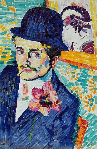 Robert Delaunay, Mann mit einer Tulpe am Revers (Portrait of Jean Metzinger). 1906 (Delaunay,Robert,1885-1941,Christie's Images Ltd,Öl auf Leinwand,20. Jahrhundert,Portrait,Robert Delaunay,Jean Metzinger,Maler,Künstlerportrait,Melone,Zigarette,Blume,Tulpe,Smoking,Schnurrbart,Anzug,Blickkontakt,japanische Kunst,Divisionismus,Farbflecken)