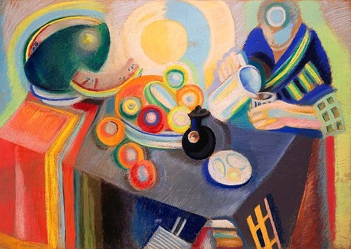 Robert Delaunay, Portugiesische Einschenkerin (La Verseuse Portugaise). 1916 (Delaunay,Robert,1885-1941,Christie's Images Ltd,Pastell/Papier,20. Jahrhundert,auf Leinwand,Robert Delaunay,einschenken,Krug,Wassermelone,farbenfroh,bunt,Farben,Tisch,Tischdecke,Wasserkrug,Früchte,Schale,Kreise,vereinfacht,portugiesisch)