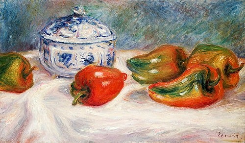 Pierre-Auguste Renoir, Stillleben mit Zuckerdose und Paprika. Um 1905 (Stillleben, Dose, paprika, Tischtuch, Gemüse,  Zuckerdose, Porzellan,bImpressionismus, klassische Moderne, Wunschgröße, Esszimmer, Wohnzimmer, Malerei)