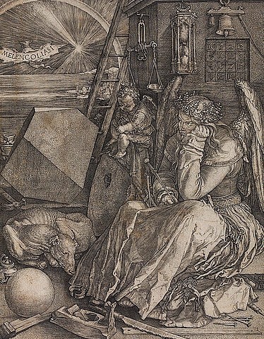 Albrecht Dürer, Die Melancholie. 1514 (Dürer,Albrecht,1471-1528,19.Jahrhundert,Kupferstich,Düsseldorf,Kunstpalast,Graphische Sammlung,Albrecht Dürer,Grafik,Grafiken,Die Melancholie,melancolia,Trübsinn,Mühlstein,Regenbogen,Fledermaus,melencolia,Alchimie,Geometrie,Polyeder,Kugel,Waage,Sanduhr,So)