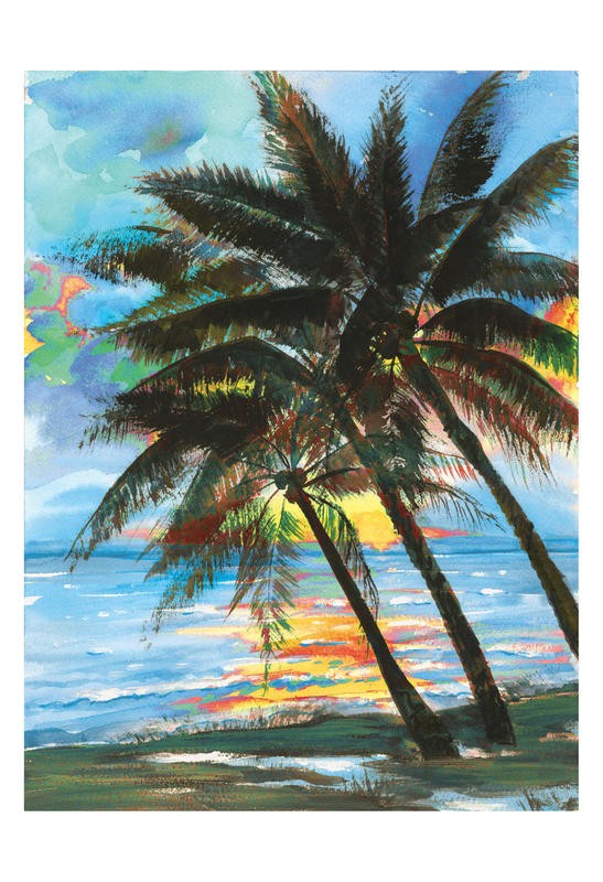 Anne Ormsby, SECRET ISLAND GREEN (Meeresbrise, Meer, Strand, Sandstrand, Sonnenuntergang, Palmen, maritim, Malerei, Wunschgröße, Wohnzimmer, Treppenhaus, bunt)