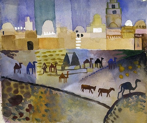 August Macke, Kairouan I.  1914. (München,Pinakothek der Moderne,Macke,August,1887-1914,Aquarell,August Macke Arabien,tier,tiere ,20. Jahrhundert,19. Jahrhundert Orient Kamel Kamele Wüste Wüstenstadt Kuppeln, Bayerische Staatsgemäldesammlungen,Tunis,Tunisreise)