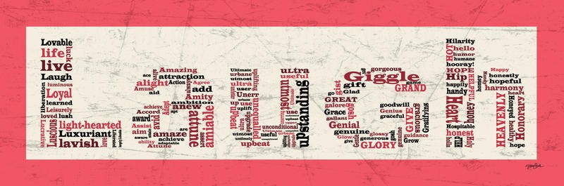 Diane Stimson, LAUGH II (Lachen, Buchstaben, Zeitungspapier, Motivation, Inspiration, Typografie, Grafik, Wunschgröße, Treppenhaus, Jugendzimmer, bunt)