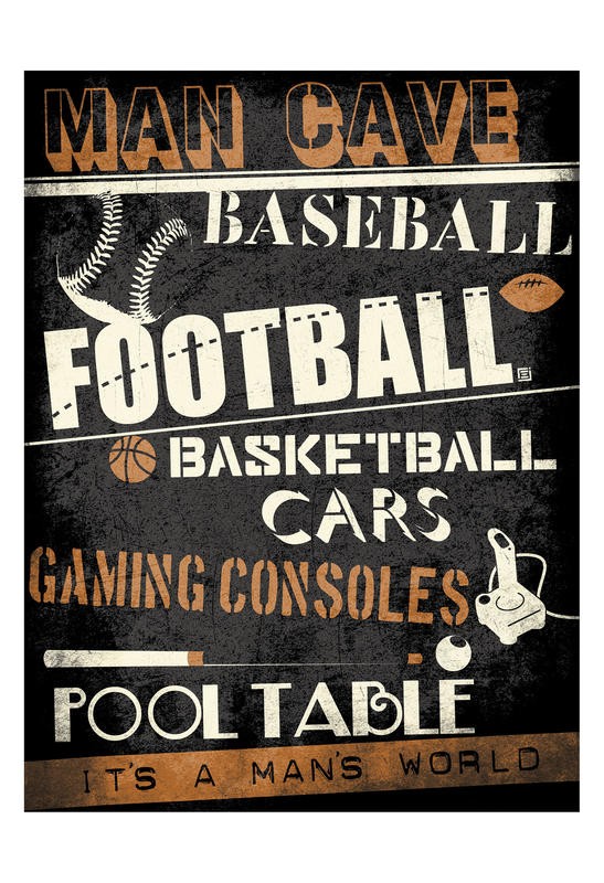Jr. Enrique Rodriquez, MAN CAVE (Männersache, Männerwelt, Männerthemen, Fußball, Baseball,  Autos, Typografie, Buchstaben, Wunschgröße, Grafik, Jugendzimmer, Wohnzimmer, Wunschgröße, braun/beige/schwarz)