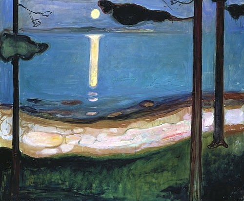 Edvard Munch, Mondnacht. 1895 (Landschaft, Jahreszeit, Sommer, Nachtszene, Mondlicht, Meer, romantisch, friedlich, Horizont, Klassiker, Expressionismus, Wohnzimmer, Treppenhaus, Wunschgröße, bunt)