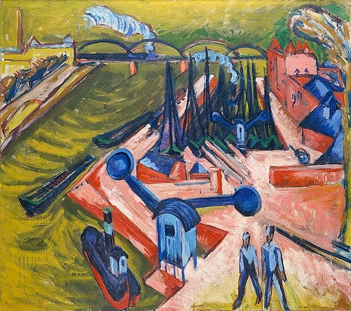 Ernst Ludwig Kirchner, Westhafen in Frankfurt am Main. 1916 (Städel Museum,Frankfurt am Main,Kirchner,Ernst Ludwig,1880-1938,Lwd.,20. Jahrhundert,Expressionismus,Hafen,Frankfurt,Kirchner, Ernst Ludwig 1880-1938, Städel Museum,Brücke,Fluss,Kai)