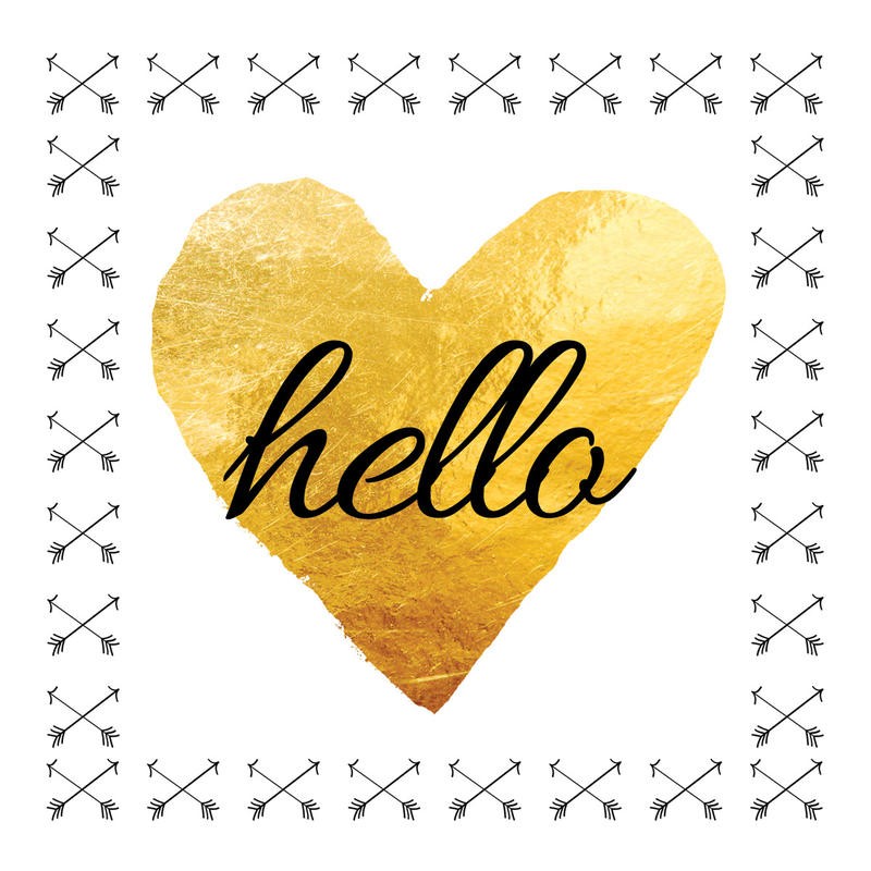 Victoria Brown, YELLOW HEART WITH BORDER I (Inspiration, Motivation, Liebe, positiv, Herz, Amor, Pfeile, Liebespfeile,  Treppenhaus, Jugendzimmer, Wohnzimmer, Wunschgröße, Grafik, gold/weiß)