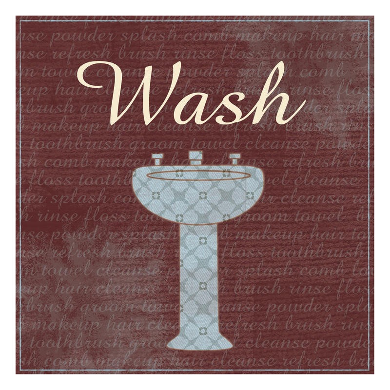 Lauren Gibbons, BLUE BROWN BATH II (Waschen, Waschbecken, Ornamente, plakativ, Schrift, Typografie, Bad, Grafik, Wunschgröße, bunt)