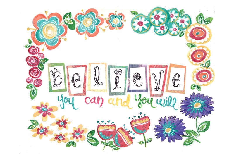 Erin Butson, BELIEVE DREAM HOPE I (Blütenkranz, Typographie, Glaube, Selbstvertrauen, Selbstbewusstsein, Inspiration, Motivation, Grafik, Wohnzimmer, Treppenhaus, bunt)