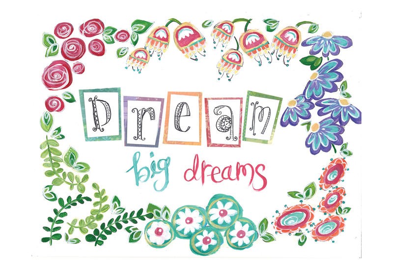 Erin Butson, BELIEVE DREAM HOPE II (Blütenkranz, Typographie, Träume, Traum, Selbstvertrauen, Selbstbewusstsein, Inspiration, Motivation, Grafik, Wohnzimmer, Treppenhaus, bunt)