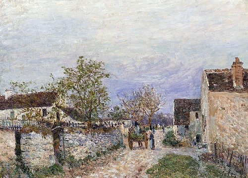 Alfred Sisley, Rue à Veneux. 1883 (Dorf, Dorfgebäude, Häuser, mediterran, rusitkal, Frankreich, Idylle, Wohnzimmer, Treppenhaus, Impressionismus, Klassische Moderne, Malerei, Wunschgröße, bunt)