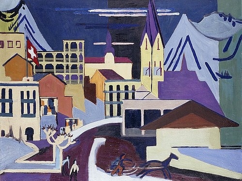 Ernst Ludwig Kirchner, Davos Platz, am Bahnhof. 1931 (Kirchner,Ernst Ludwig,1880-1938,Christie's Images Ltd,Öl auf Leinwand,20. Jahrhundert,Ernst Ludwig Kirchner,Davos,Schweiz,Bahnhof,Stadt,Flagge,Stadtansicht,Kirchturm)