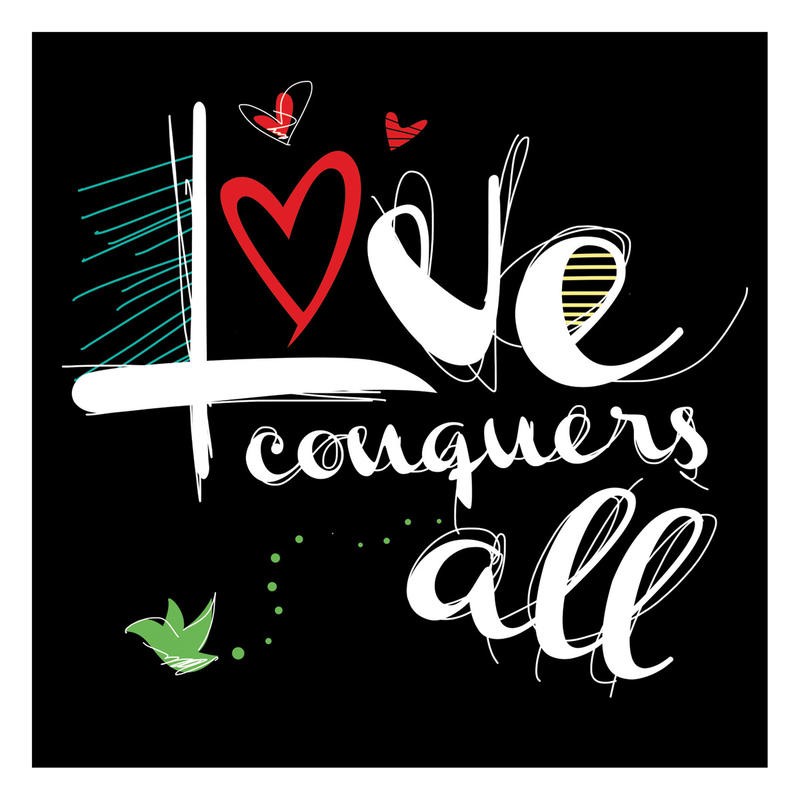 Jr. Enrique Rodriquez, LOVE CONQUERS II (Liebe, Motivation, Inspiration, Typografie, Buchstaben, modern, Wunschgröße, Grafik, Jugendzimmer, Wohnzimmer, Wunschgröße, bunt)