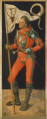 Albrecht Dürer, Paumgartner Altar. Rechter Flügel: Der hl. Eustachius. (München,Alte Pinakothek,Dürer,Albrecht,1471-1528,Heiliger Eustachius,Fahnen,Heilige,Schuhe,Dürer, Albrecht 1471-1528, Bayerische Staatsgemäldesammlungen)