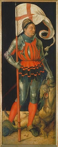 Albrecht Dürer, Paumgartner Altar. Linker Flügel: Der hl.Georg. (München,Alte Pinakothek,Dürer,Albrecht,1471-1528,Heiliger Georg,Rüstungen,Fahnen,Dürer, Albrecht 1471-1528, Bayerische Staatsgemäldesammlungen)