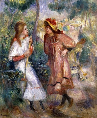Pierre-Auguste Renoir, Zwei Mädchen in einem Garten auf dem Montmartre. 1895 (Garten, Mädchen, Freundinnen, Krocketschläger,  Teenager,  Freizeit, Sommer, Gespräch, Impressionismus, klassische Moderne, Wunschgröße, Wohnzimmer, Malerei)