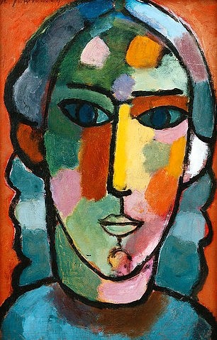 Alexej von Jawlensky, Mädchenkopf.  Um 1915-16 (Jawlensky,Alexej von,1864-1941,Christie's Images Ltd,Öl auf Leinwand,20. Jahrhundert,Alexej von Jawlensky,Farben,farbenfroh,bunt,Augen,Kopf,Frau,Mädchen,Farbflecken,Farbtöne,Expressionismus,modern,Gesicht)