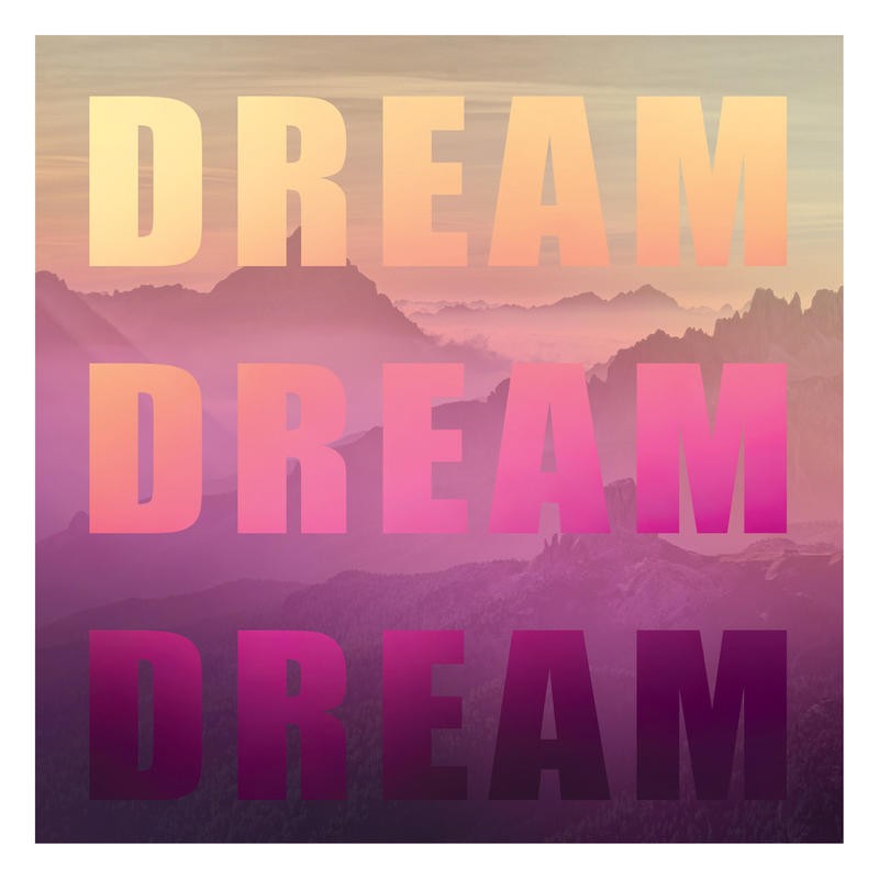 Victoria Brown, DREAM DREAM DREAM (Inspiration, Motivation, Träume, positiv, Typografie, Treppenhaus, Jugendzimmer, Wohnzimmer, Wunschgröße, Grafik, lila/pink)