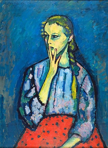 Alexej von Jawlensky, Mädchenbildnis. 1909 (Der Blaue Reiter,Expressionismus,Düsseldorf,Kunstpalast,20. Jahrhundert,1864-1941,Jawlensky,Alexej von,Jawlensky,Alexej von,Moderne,Mädchen,Geste,Hand,expressionismus,expressionism,ängstlich,besorgt,erschrocken,abgelenkt,fragend)