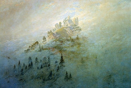 Caspar David Friedrich, Morgennebel im Gebirge. (Gebirge, Nebel, Berge, Dunst, Felsen. Gipfel, diffus, Klassiker, Wohnzimmer, Treppenhaus,  Wunschgröße, Malerei, Romantik, bunt)