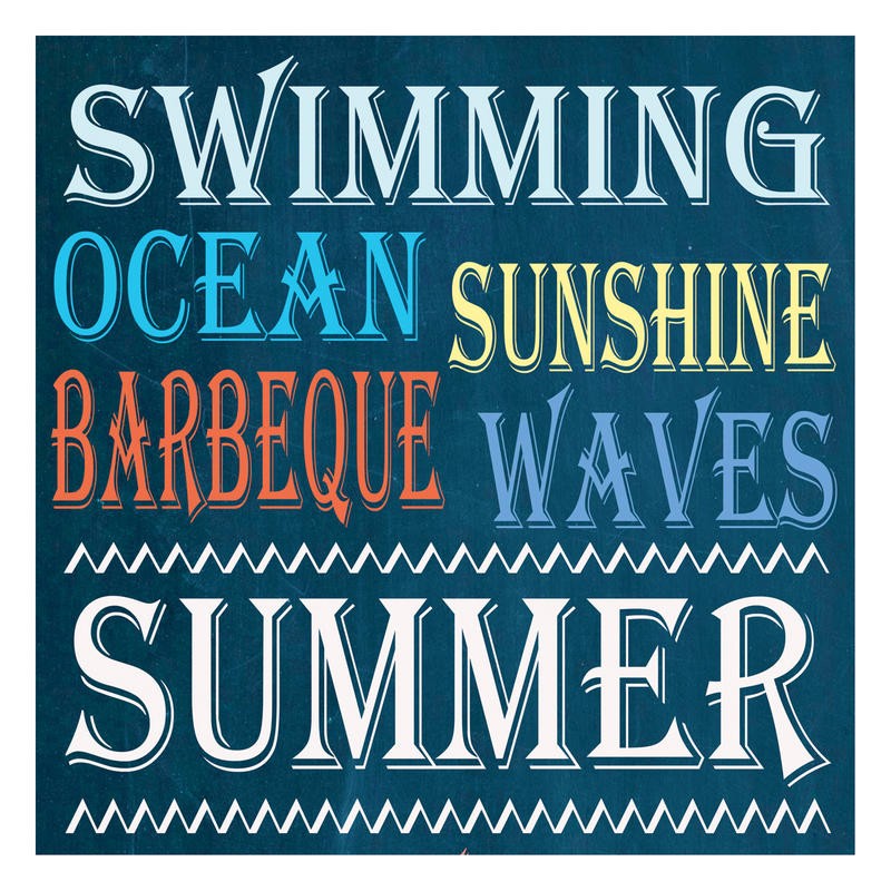 Jean Olivia, SUMMER WORDS II (Inspiration, Motivation, Sommer, Genuss, Urlaub, Typografie, Treppenhaus, Badezimmer, Grafik, Wunschgröße, bunt)