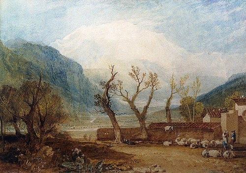 Joseph Mallord William Turner, Mont Blanc, von Sallanches aus gesehen. 1807 (Als Vorlage diente eine Zeichnung, die Turner während seiner ersten Auslandsreise 1802 gemacht hatte.) (Aquarell,Christie's Images Ltd,19. Jahrhundert,Turner,Joseph Mallord William,1775-1851,Joseph Mallord William Turner,Frankreich,Berg,Mont Blanc,Bäume,St. Martin,Sallanches)