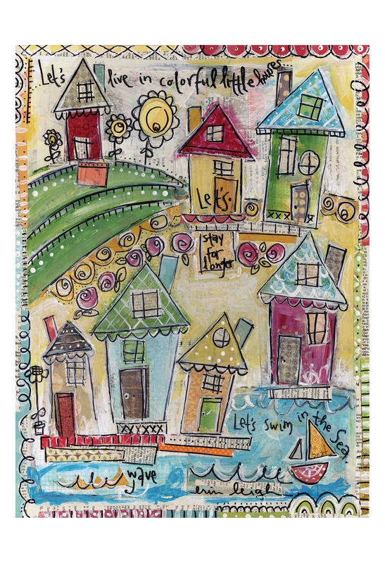 Erin Butson, LET'S IV (Dorf, Häuser, Garten, Blumengarten, Meer, Boote, fröhlich, Motivation, Inspiration, naiv, Grafik, Wohnzimmer, Treppenhaus,  Wunschgröße, bunt)
