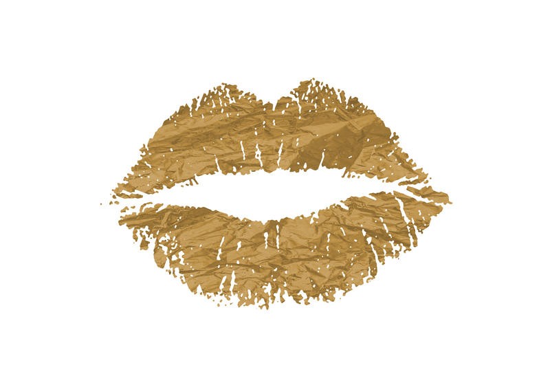 Sheldon Lewis, KISSES II (Kussmund, Lippen, Verführung,  retro/vintage, Kalligrafie, Wohnzimmer, Jugendzimer, Treppenhaus, Grafik, Wunschgröße, beige/gold)