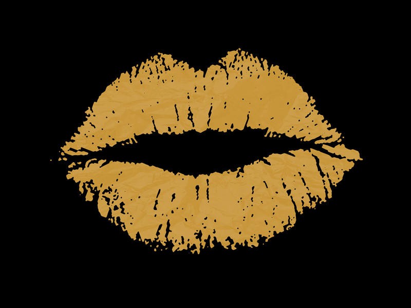 Sheldon Lewis, KISSES III (Kussmund, Lippen, Verführung,  retro/vintage, Kalligrafie, Wohnzimmer, Jugendzimer, Treppenhaus, Grafik, Wunschgröße, gold/schwarz)