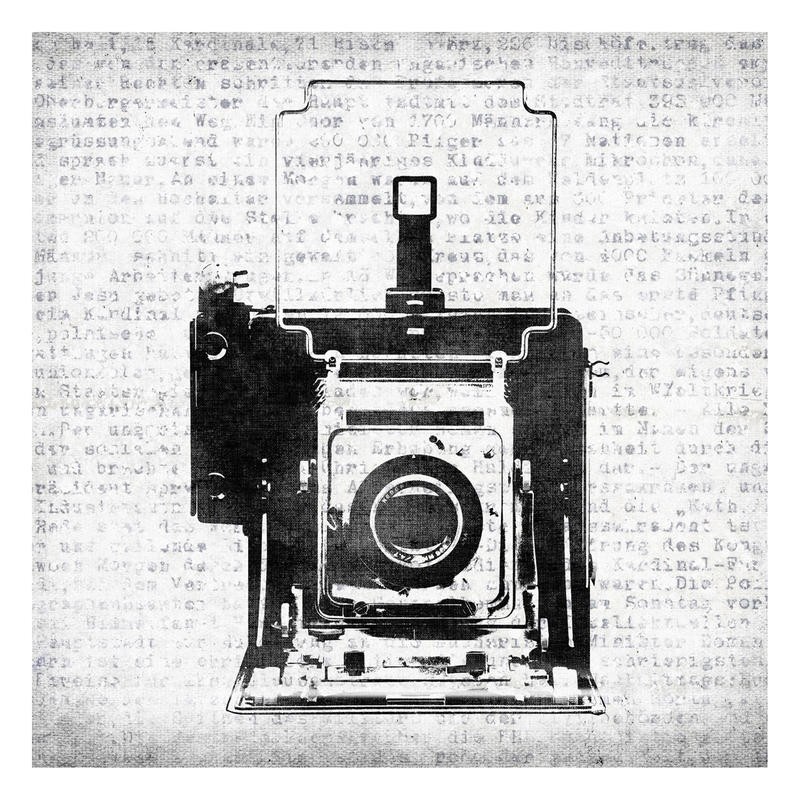 Kristin Emery, VINTAGE CAMERA (Fotoapparat, Kamera, historisch, Vintage, Retro, Tasten, Notalgie, Grafik, Wohnzimmer, Büro, Treppenhaus, 
Wunschgröße, schwarz/weiß)